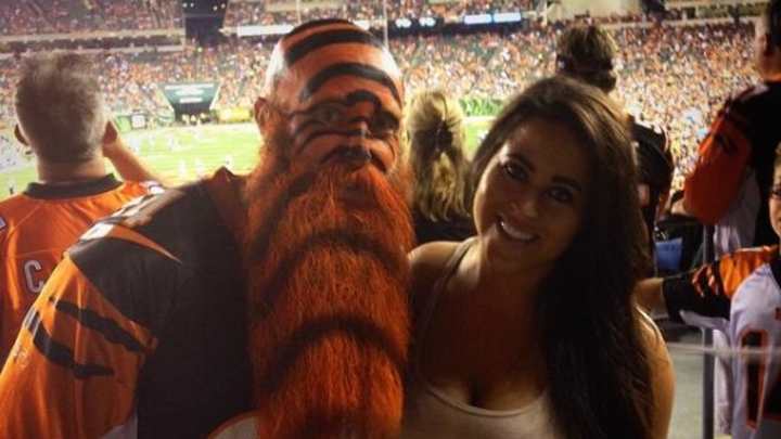 This Bengals fan has a beard with tiger stripes This Bengals fan has a beard with tiger stripes