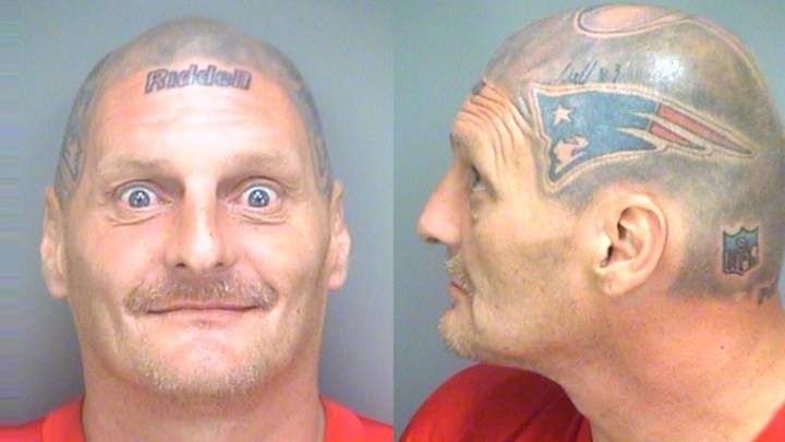 Man with Patriots tattoo covering his entire head makes for great mug shot
