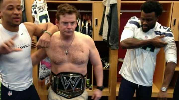 Seahawks GM John Schneider Celebrates Shirtless with a WWE Title Belt Seahawks GM John Schneider Celebrates Shirtless with a WWE Title Belt