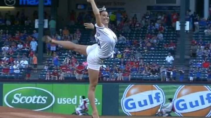 Miss Texas throws out horrific first pitch at Rangers game Miss Texas throws out horrific first pitch at Rangers game