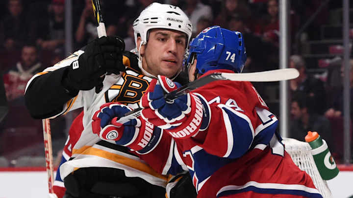 Bruins' Lucic gestures toward fans after getting penalty in Montreal