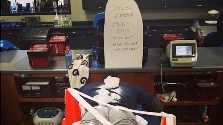Rams prank a sleeping Jo-Lonn Dunbar in the locker room