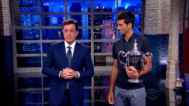 Watch Novak Djokovic fire a serve at Stephen Colbert Watch Novak Djokovic fire a serve at Stephen Colbert