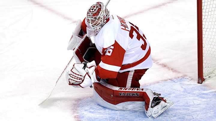 Red Wings goalie Jimmy Howard leaves on stretcher with leg injury