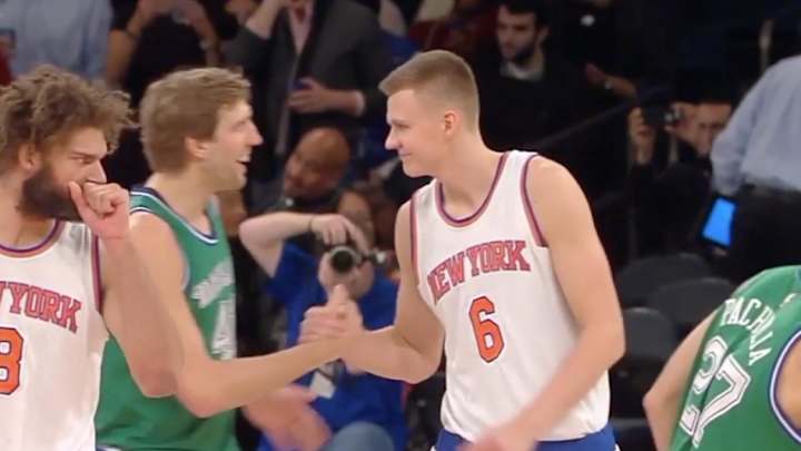 Kristaps Porzingis mercifully rescued Dirk from a terrible handshake Kristaps Porzingis mercifully rescued Dirk from a terrible handshake