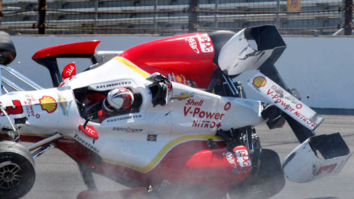 Helio Castroneves uninjured after crash in Indianapolis 500 practice Helio Castroneves uninjured after crash in Indianapolis 500 practice