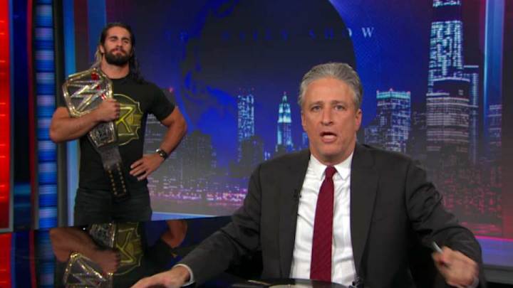 WWE’s Seth Rollins continues his feud with Jon Stewart on The Daily Show WWE’s Seth Rollins continues his feud with Jon Stewart on The Daily Show