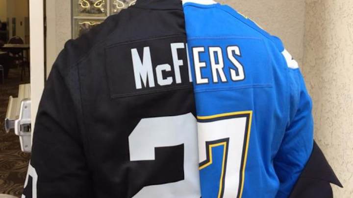 Carson, Calif., councilman sports Raiders-Chargers split jersey