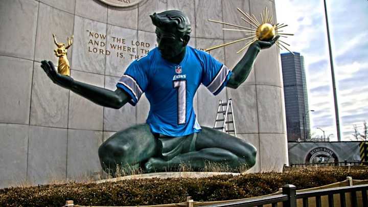 'Spirit of Detroit' statue wearing enormous Lions jersey for playoffs