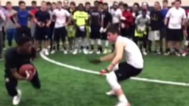 Watch: Poor kid gets juked to the ground at BOOM football camp Watch: Poor kid gets juked to the ground at BOOM football camp
