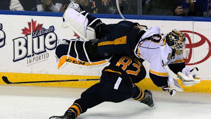 Watch: Preds goalie Hutton flips over after collision with Sabres' Foligno Watch: Preds goalie Hutton flips over after collision with Sabres' Foligno
