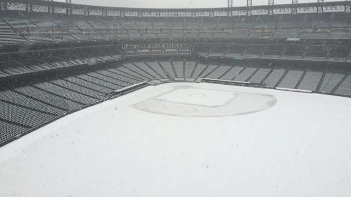 Coors Field is covered in snow Coors Field is covered in snow