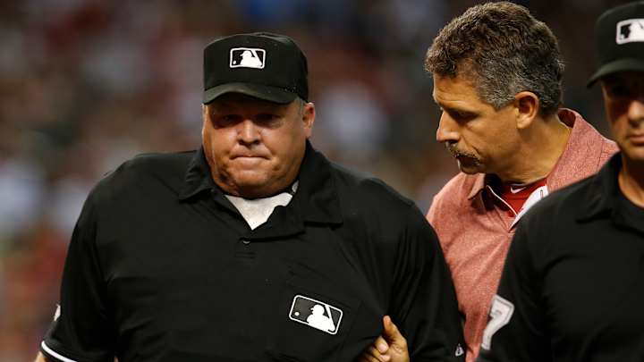 Umpire Culbreth forced out by foul ball by Arizona's Owings