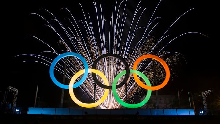 Five Olympic rings light up a northern Rio de Janeiro Park Five Olympic rings light up a northern Rio de Janeiro Park