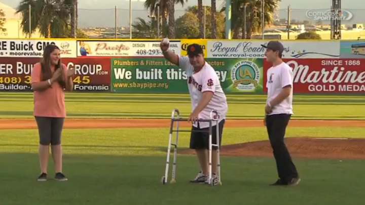 Giants fan throws first pitch nearly four years after being attacked Giants fan throws first pitch nearly four years after being attacked