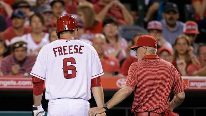 Angels 3B David Freese leaves after getting hit by pitch Angels 3B David Freese leaves after getting hit by pitch
