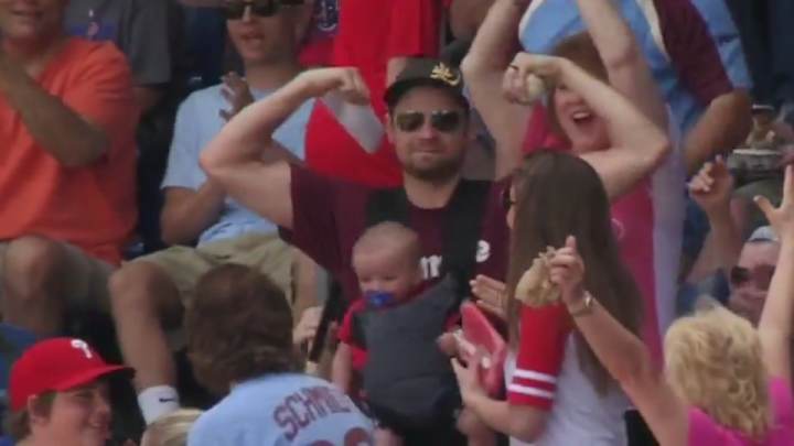 Phillies fan grabs foul ball with baby strapped to his chest