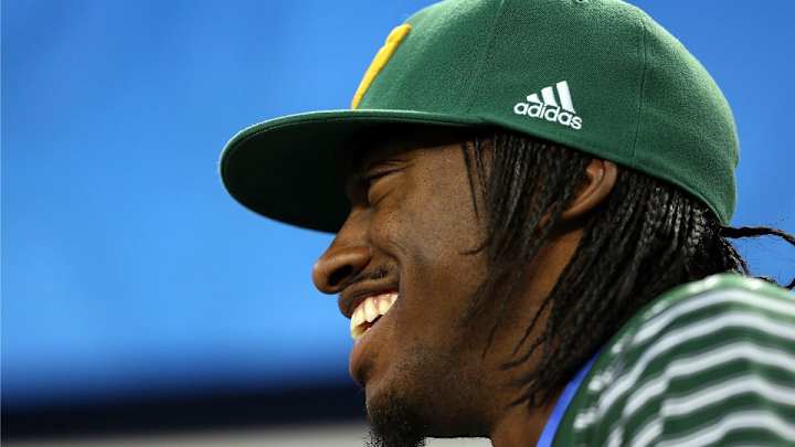 Someone put a Michigan State hat on Baylor's Robert Griffin III statue