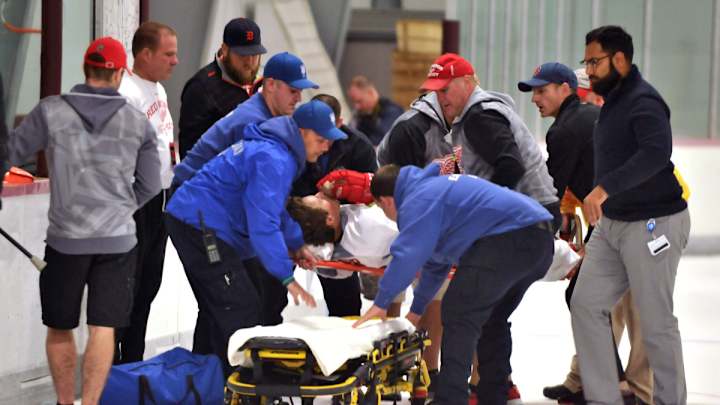 Helm, Verrier collision mars opening day of Red Wings camp