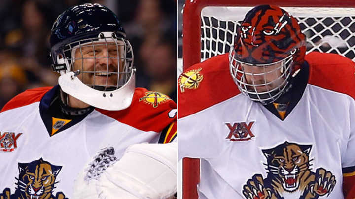 Panthers' Tim Thomas shows off a pair of odd helmets in game vs. Boston