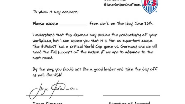 Want to get out of work to watch USA/Germany? Jürgen Klinsmann's got you covered