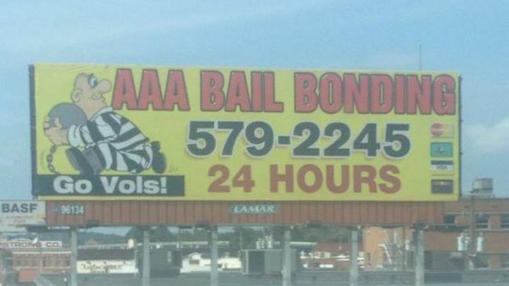 Tennessee can't be happy about this Go Vols bail bonds billboard Tennessee can't be happy about this Go Vols bail bonds billboard