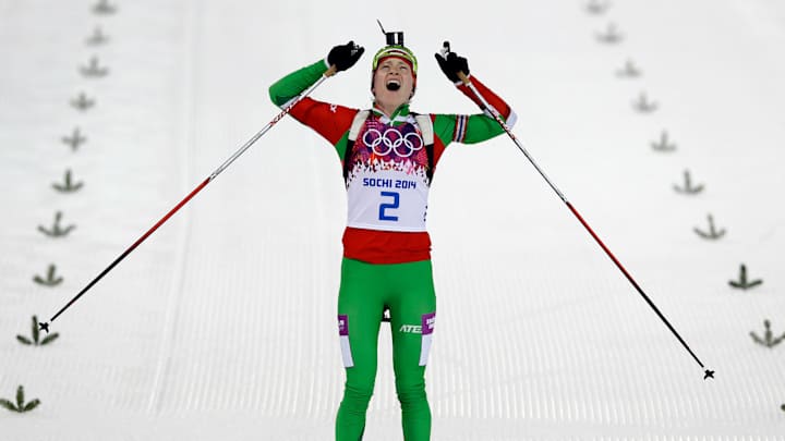 Belarus' Domracheva wins third-straight Olympic biathlon gold medal