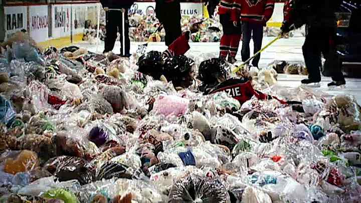 Watch: Calgary Hitmen collect 25,000 stuffed animals in Teddy Bear Toss