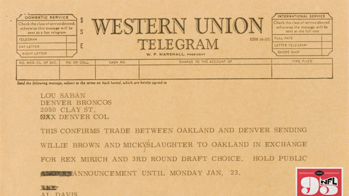 Al Davis Telegram Confirming 1967 Willie Brown Trade