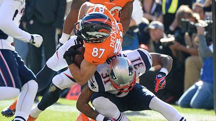 Aqib Talib injured on (pick-play?) collision with Wes Welker
