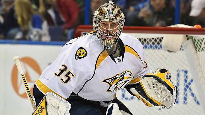 Predators' goalie Pekka Rinne gets tangled with his net during loss