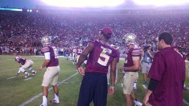 Suspended Jameis Winston warms up in full pads, then asked to change Suspended Jameis Winston warms up in full pads, then asked to change