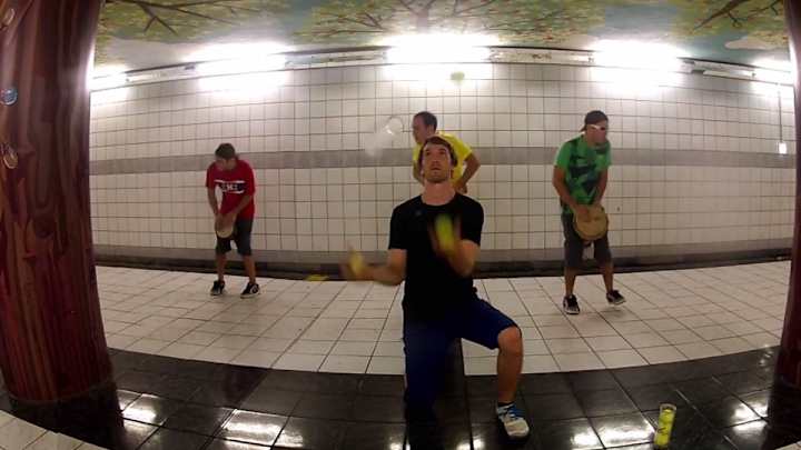 Jugglers use tennis balls, cannisters and drums to create hypnotic video Jugglers use tennis balls, cannisters and drums to create hypnotic video