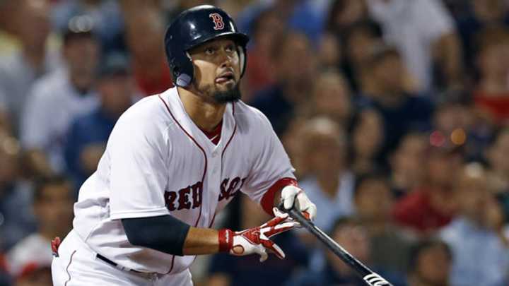 Red Sox' Shane Victorino rights himself at plate, drives in seven
