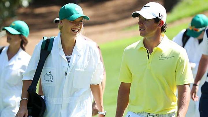 Caroline Wozniacki caddies for Rory McIlroy at Masters, hits ball into water Caroline Wozniacki caddies for Rory McIlroy at Masters, hits ball into water