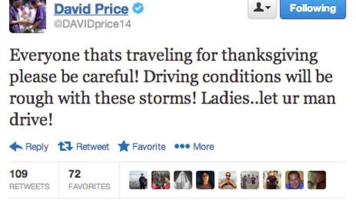 David Price Makes Tweet about Holiday Travel Weirdly Sexist