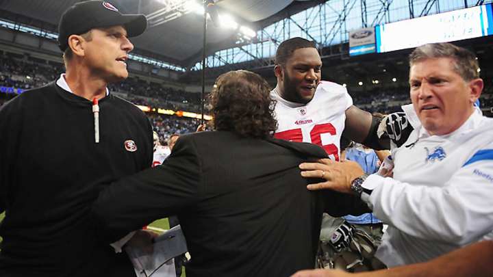 Jim Schwartz, Jim Harbaugh clash after 49ers win in Detroit