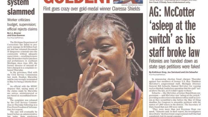 Olympic gold medalist Claressa Shields on front page of Detroit Free Press Olympic gold medalist Claressa Shields on front page of Detroit Free Press