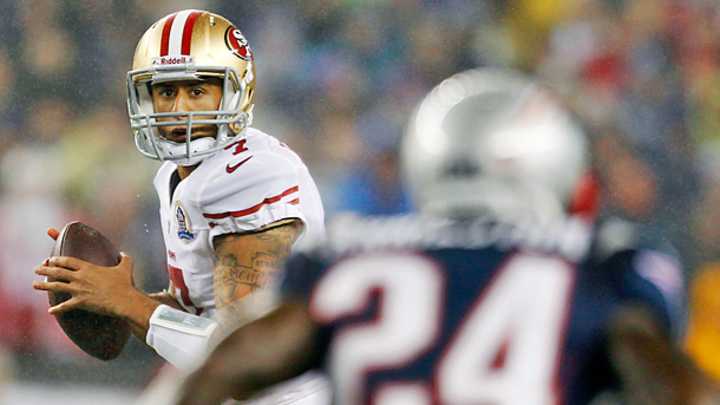 Colin Kaepernick helps 49ers withstand frantic Patriots rally on Sunday night Colin Kaepernick helps 49ers withstand frantic Patriots rally on Sunday night