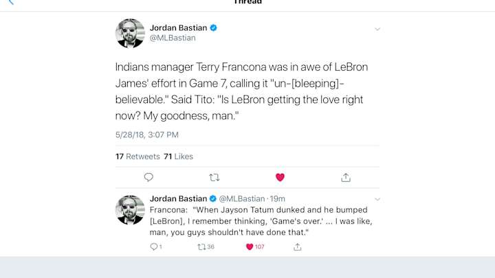 Count Indians Manager Terry Francona Among Those Impressed with LeBron James’ Sunday Performance