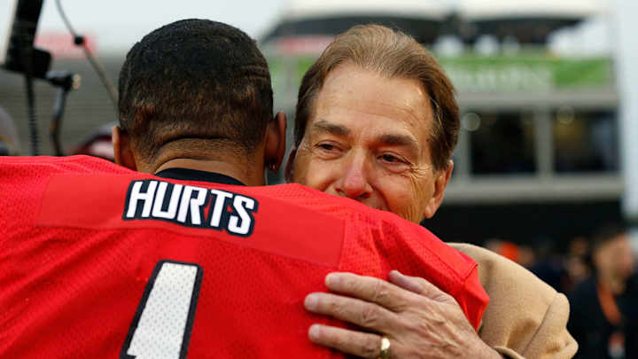 Nick Saban and Jalen Hurts Hug It Out at Senior Bowl Practice