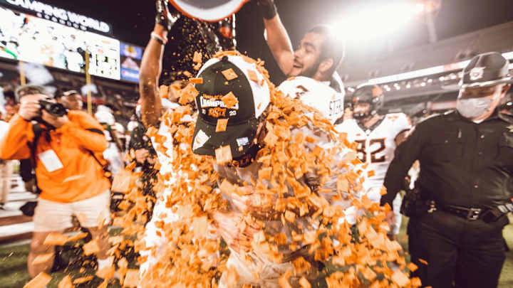 Oklahoma State's Mike Gundy Doused in Cheez-Its After Bowl Win Over Miami
