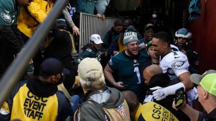 WATCH: QB Jalen Hurts in Danger as Eagles Fans Fall Over Collapsing Railing at WFT's FedEx Field WATCH: QB Jalen Hurts in Danger as Eagles Fans Fall Over Collapsing Railing at WFT's FedEx Field