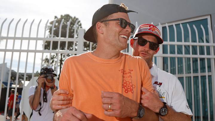 Tom Brady Gives Matthew Stafford Advice as Rams Celebrate Super Bowl LVI Victory