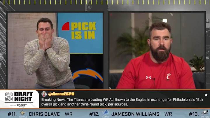 Eagles’ Jason Kelce Reacts Live to A.J. Brown Trade