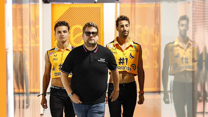 Lando Norris, James Corden Share a Moment on Miami Grand Prix Track