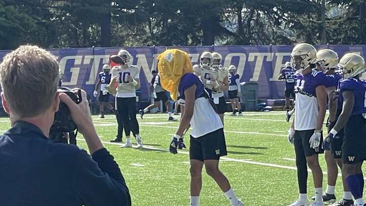 All Hands on Deck in Huskies' Fourth Fall Practice, One Made for Receivers