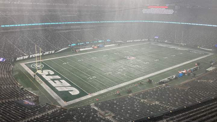 Jason Kelce Takes MetLife Stadium Field as Storm Rages