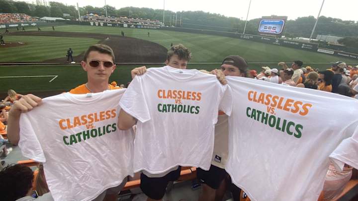 Look: UT Students Sporting 'Classless vs. Catholics' T-Shirts at NCAA Super Regional Game