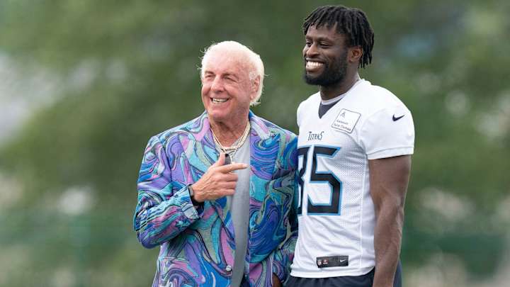 Wrestling Legend Ric Flair Joins Titans Training Camp Practice